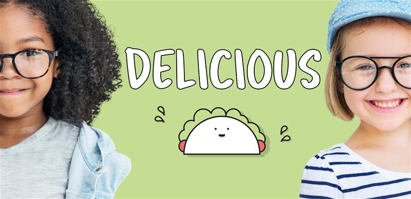 two girls in glasses with taco emoji and word "delicious"